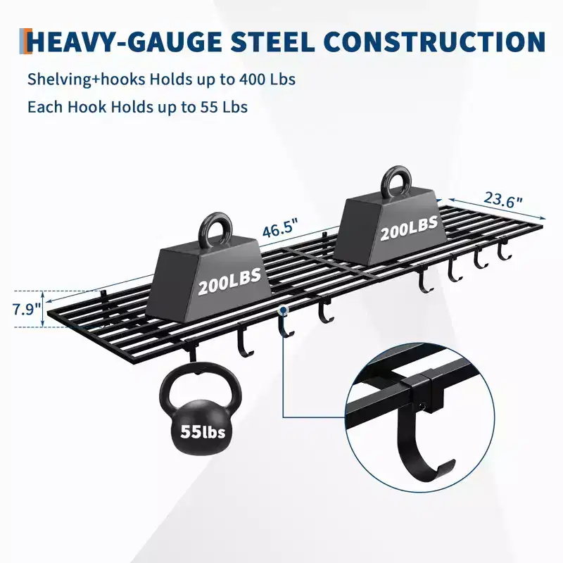 Heavy Duty Garage Wall Shelves 2 Pack 2x4 Ft, Metal Wall-Mounted Rack w/ Hooks, 200 Lbs Cap Each, Space-Saving for Garage/Shop/Home, Easy Install