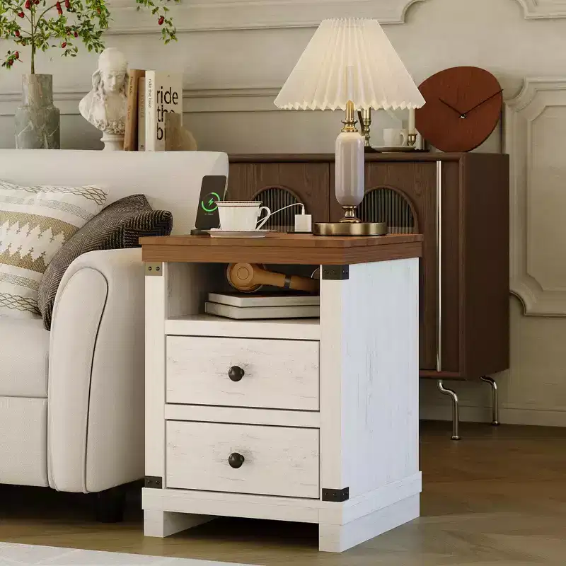 Farmhouse Nightstand, Modern Rustic Large Bedside Table with 2 Drawers & Open Shelf for Bedroom Small Space
