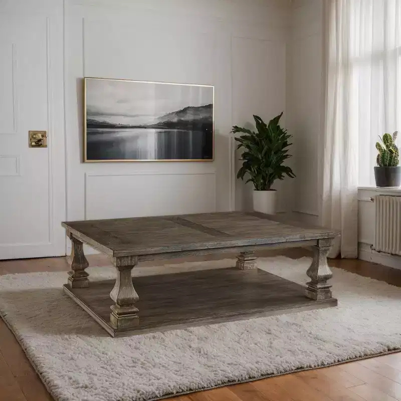 Rectangular Cocktail Table Gray: Elm Veneer, Storage Shelf