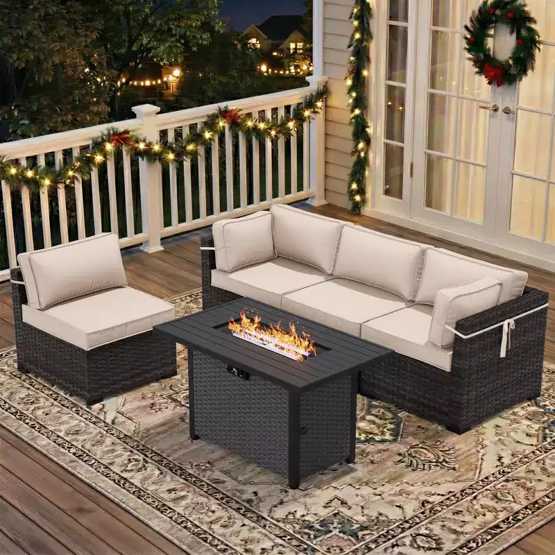 UPTIOT 5-Piece Patio Set: 2 Corner Sofas, 2 Side Chairs & Grey Fire Pit Table for Ultimate Outdoor Comfort and Entertainment