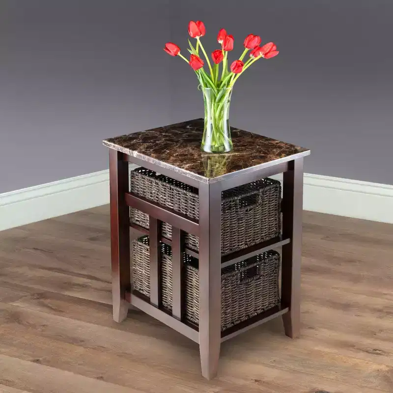 Zoey Side Table Faux Marble Top with Baskets Walnut/Chocolate