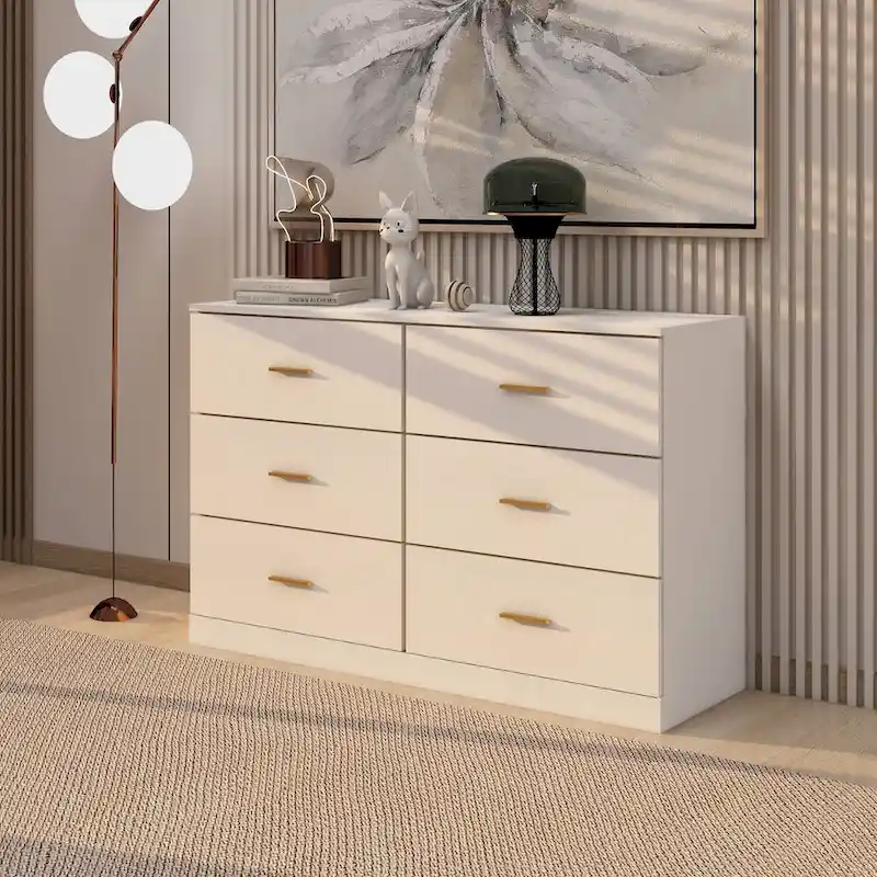 White 2-Column 6-Drawer Dresser with Gold Handles