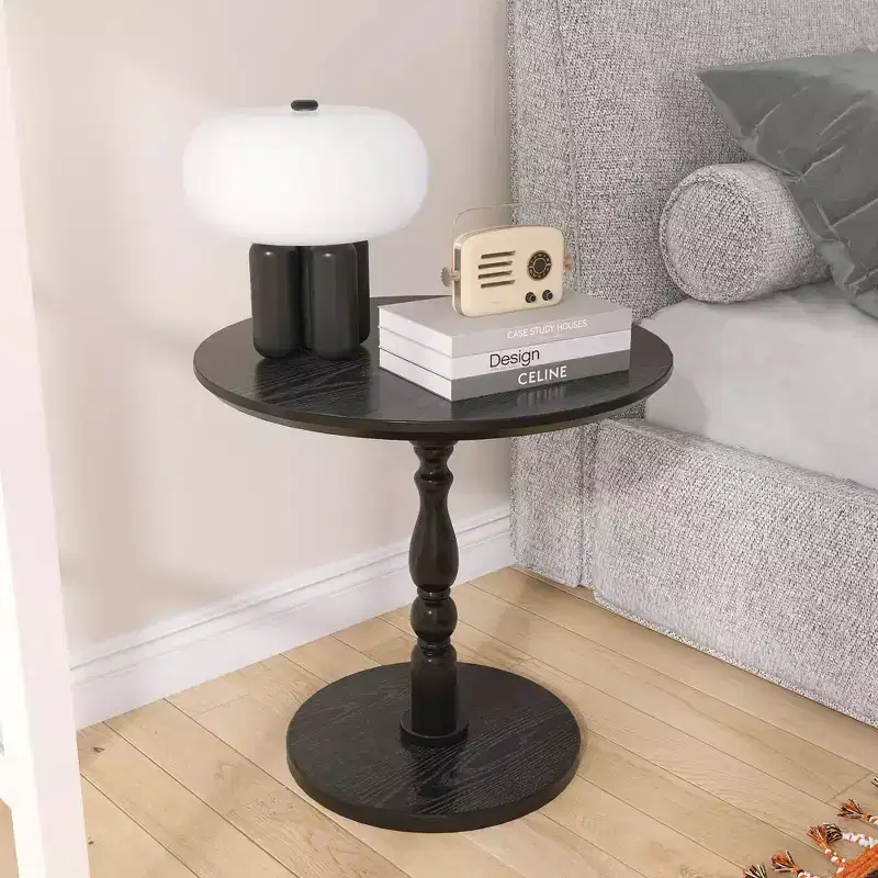 Black Round Side Table, MDF Top, Anti-Slip Base, for 1 Person