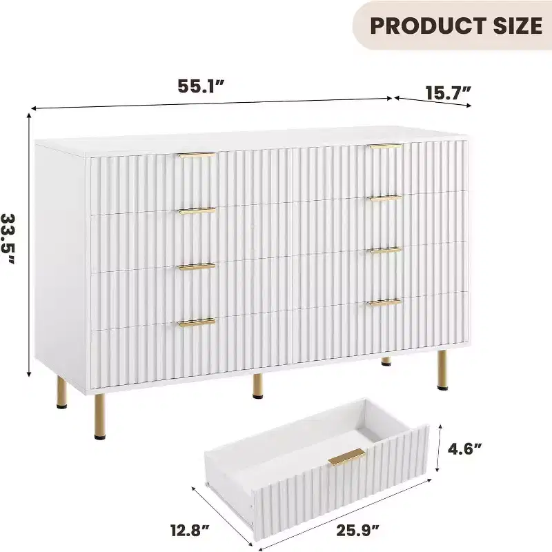 Zebra Pattern 8-Drawer Cabinet, White, Extra-Large Storage Space, Universal Clutter Storage Chest for Whole House