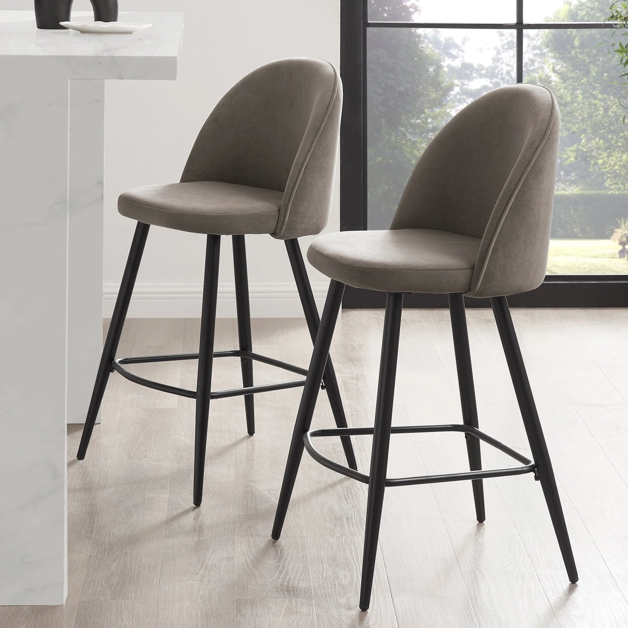 Modern Taupe Velvet Barstool with Black Metal Legs for Kitchen