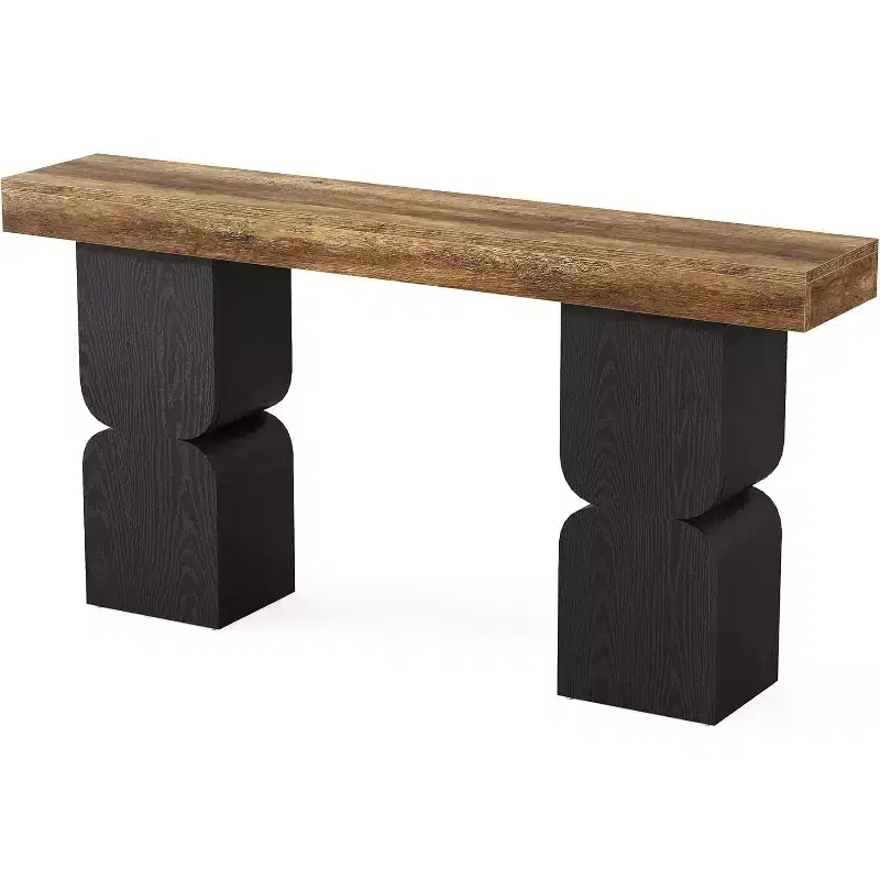 63-Inch Console Table, Heavy-Duty Behind Couch Sofa Table with Color Blocking Design for Living Room, Hallway, Foyer, Brown + Black