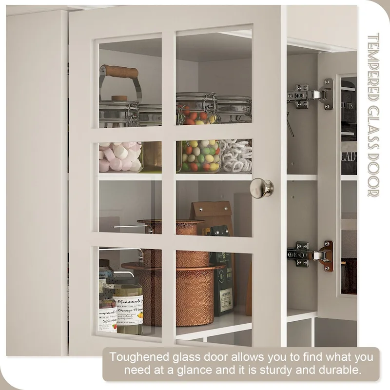78.9Pantry Buffet White Buffet with Wine Glass Rack Drawer and Hutch