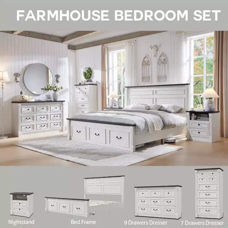 26 Nightstand with Charging, 23.6 Farmhouse Table Open Shelf & 2 Drawers