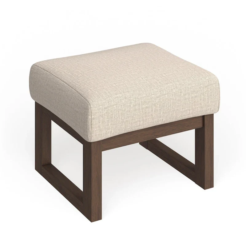 Mid-Century Modern Upholstered Ottoman Stool | Light Beige Fabric | Solid Wood Legs