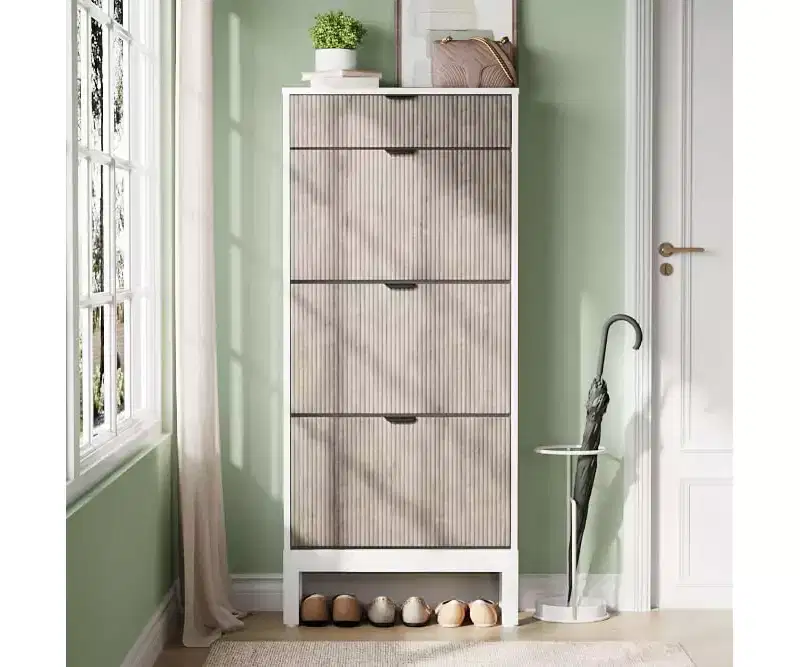 3-Drawer Shoe Cabinet - Farmhouse Fluted Design w/Metal Legs, Slim Entryway Organizer for Foyer/Hallway, White+oak/Black+oak/White+grey