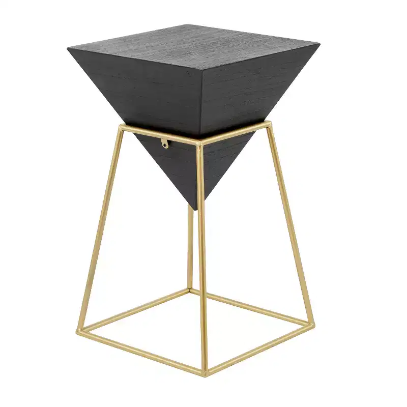 Modern Wood Accent Table Black Gold Frame, No Assembly, Metal & Wood Triangle Design