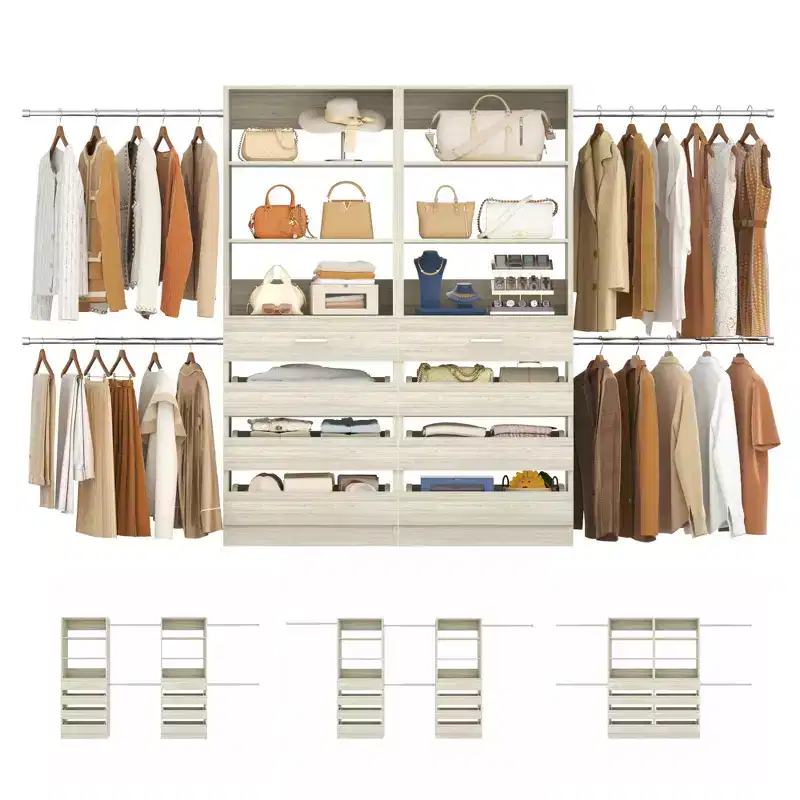 Besiost Closet System with 8 Wooden Drawers and 4 Hanging Rods