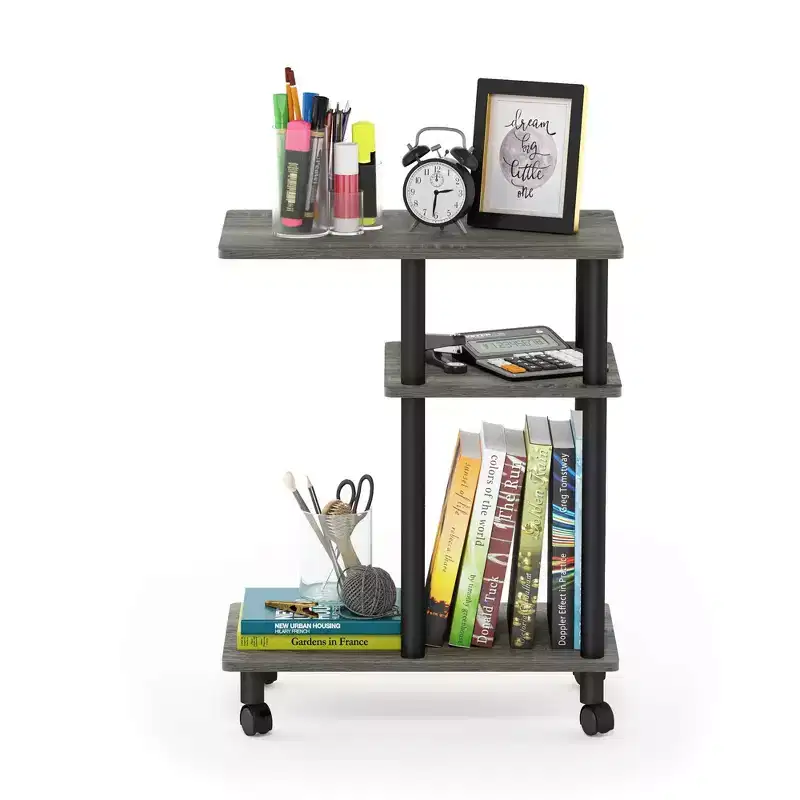 U-Shape Rolling Storage Cart Sofa Side End Table with Open Display Shelf, Oak