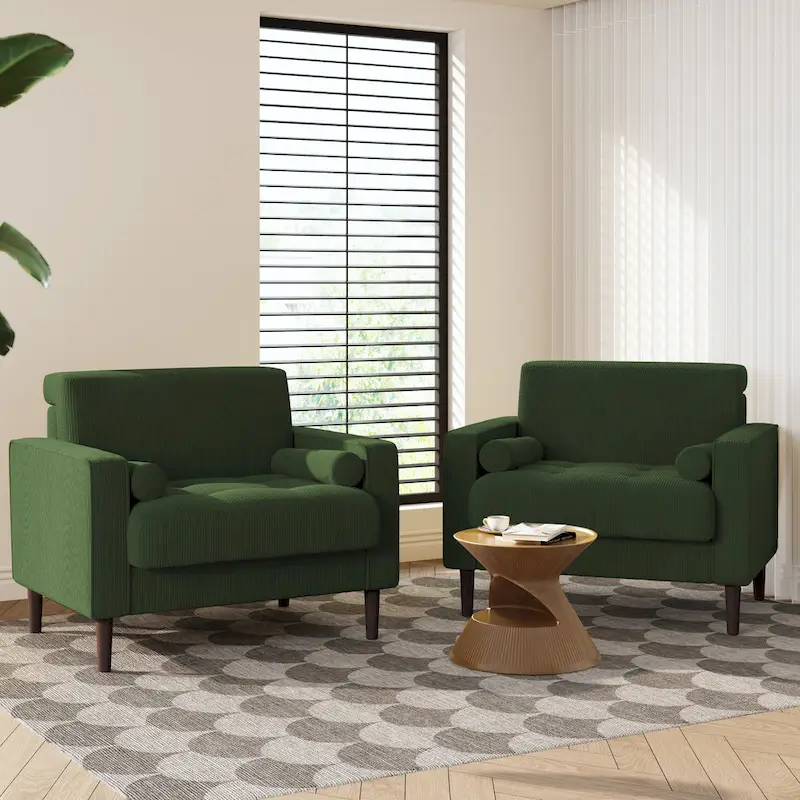2 Pack Modern Corduroy Wide Armchair with Bolster Pillows