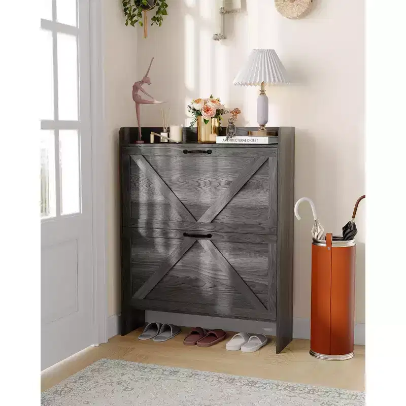Shoe Cabinet with 2 Flip-Top Drawers, Freestanding Concealed Shoe Rack, Metal Handles, Slim Design for Hallway, Living Room