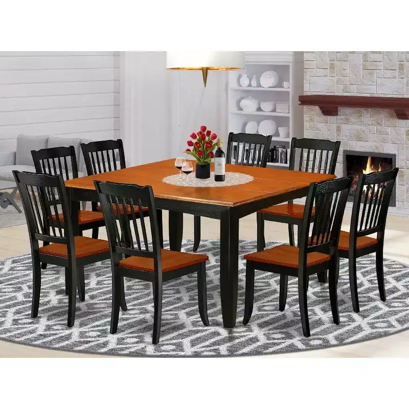 HomeStock Belmont 9PC Square 36/54 inch Table with 18 In Leaf and 8 vertical slatted Chairs