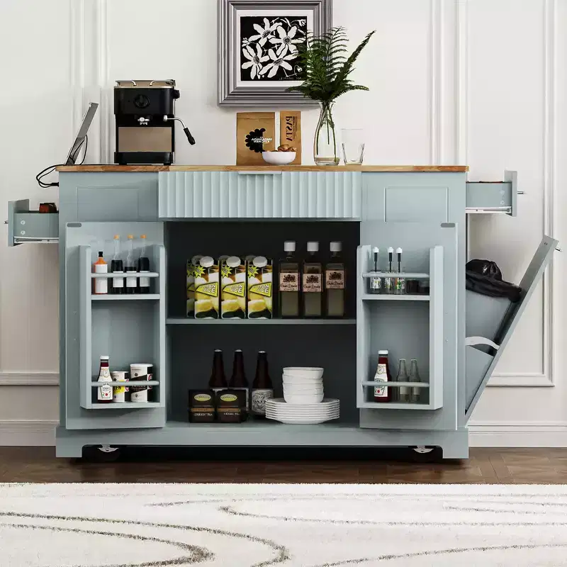 Whisen Classic Style Kitchen Islands on 5 Wheels with 3 Drawer and 3 Open Side Racks