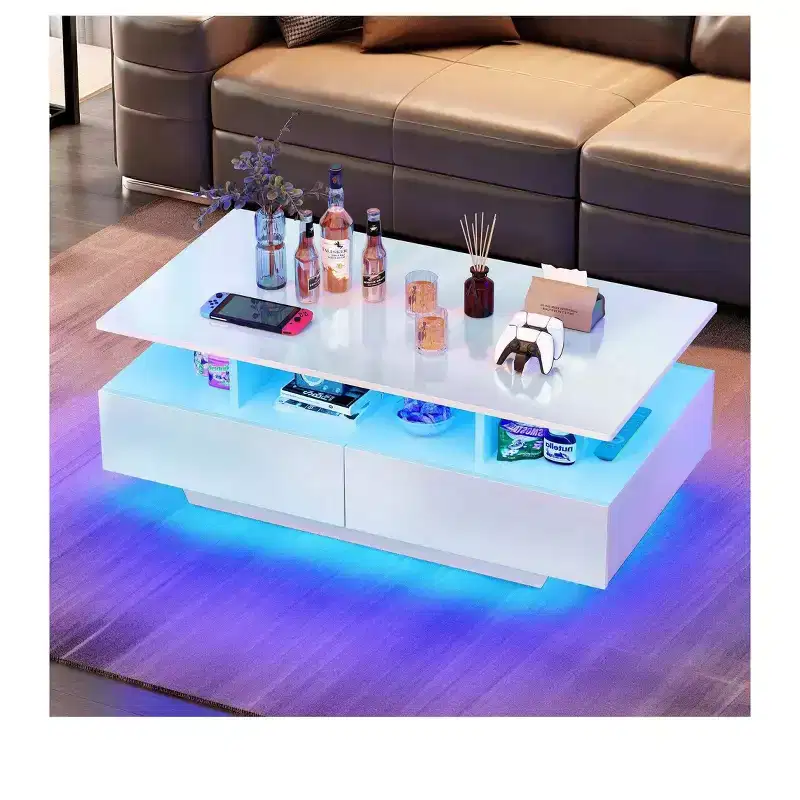 LED Coffee Table with Storage 4 Drawers, Modern High Glossy Coffee Tables for Living Room, Small Center Table with Open Display Shelf ,White