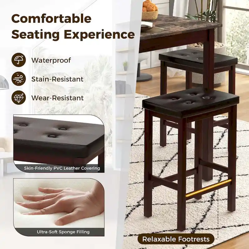 Costway 5 PCS Bar Table Set Square Dining Table & 4 PVC Leather