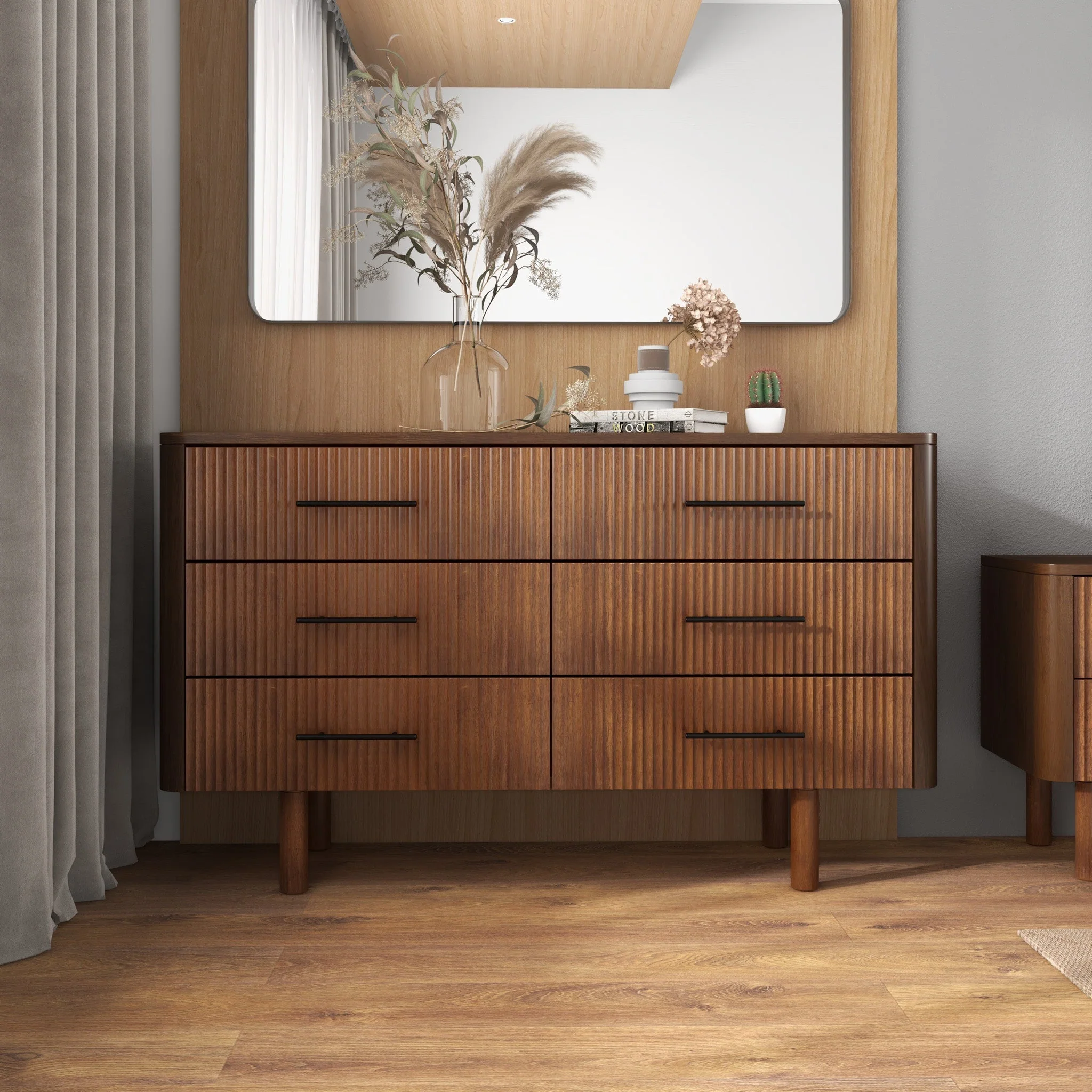 Mid-Century Modern Walnut Wood 6-Drawer Bedroom Dresser