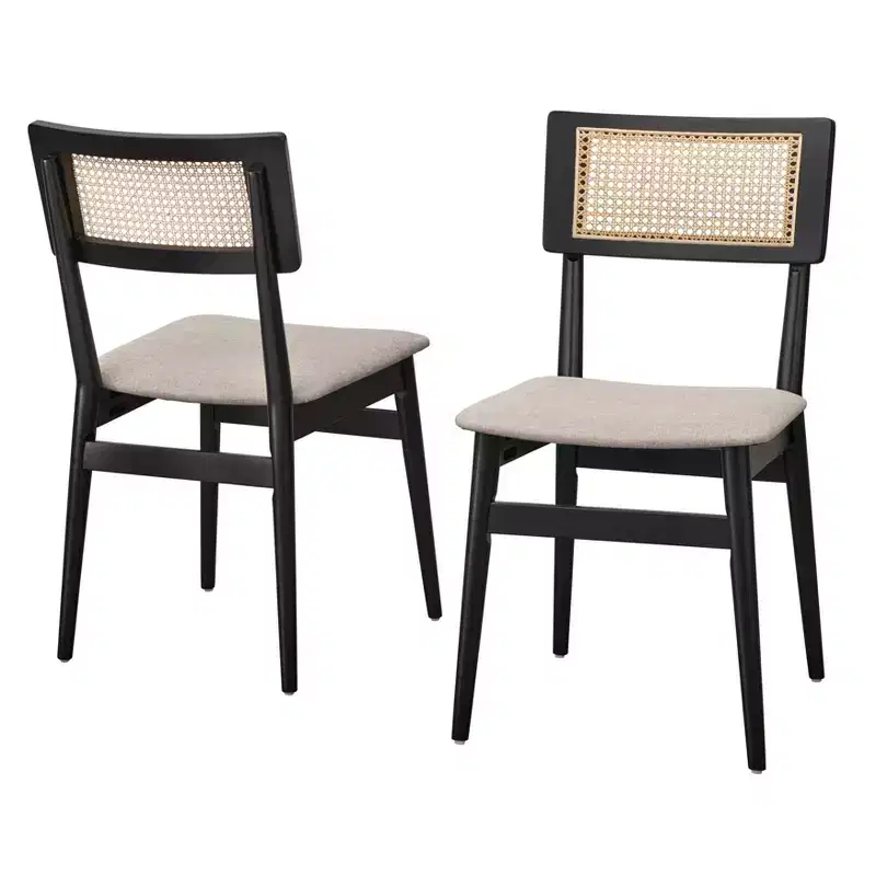 Lifestorey Whitney Mid Century Modern Solid Wood Cane Back Dining Chair Black/Natural/Gray: Mid-Century Modern, Rubberwood Frame, Set of 2