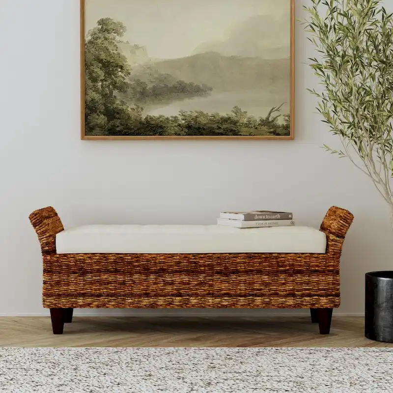 Natural Woven Abaca Bench with Cream Cushion, 1-Seat