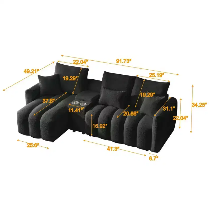 GDFStudio Lyney 91.73 Modern 3-Seater L Shaped Upholstered Sectional Sofa with Console and Pillows