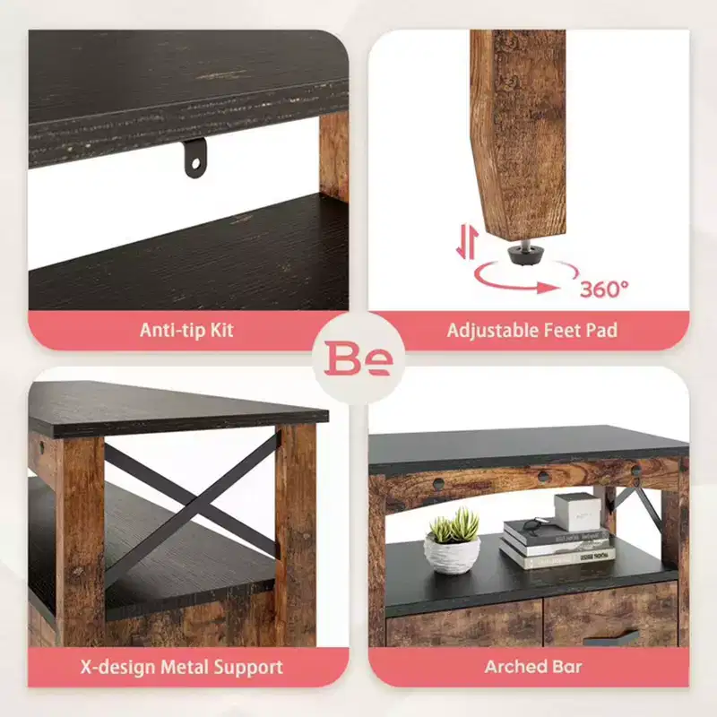 Rustic Storage Cabinet Organizer Table with 2 Display Shelves and 4 Drawers Dark Brown