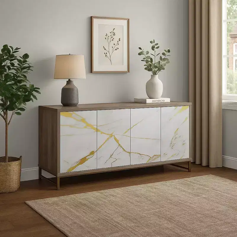 Sideboard Console Cabinet, White Marble Look, 4 Door, Brown, 65 Inch