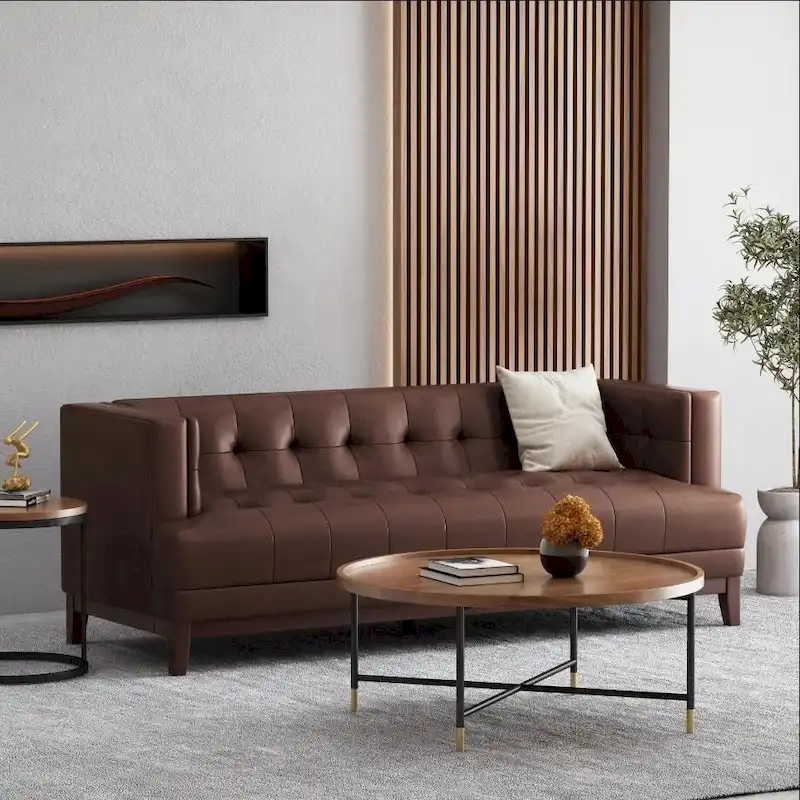 Dark Brown Button Tufted 3-Seater Sofa with Wood Legs
