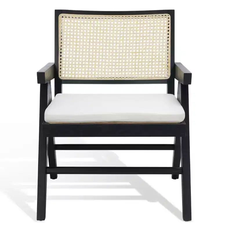 Rattan Accent Chair, Black & Natural Linen Upholstered Ash Wood Chair