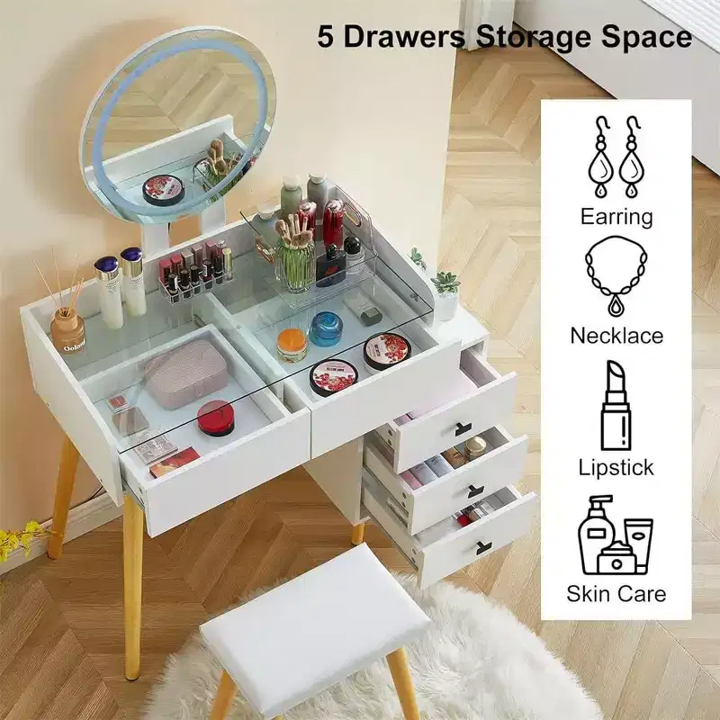 Vanity Desk with Mirror and Lights, Glass Top Dressing Table with 5 Drawers, 1 Makeup Stool for Dressing Room Living Room Home Office White
