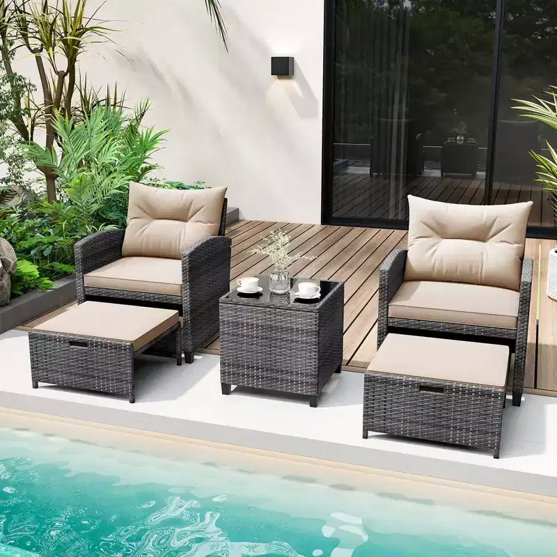 Costway 5 Piece Patio Rattan Furniture with 2 Ottomans & Tempered Glass Coffee Table Black/Grey/Navy/Beige/Red