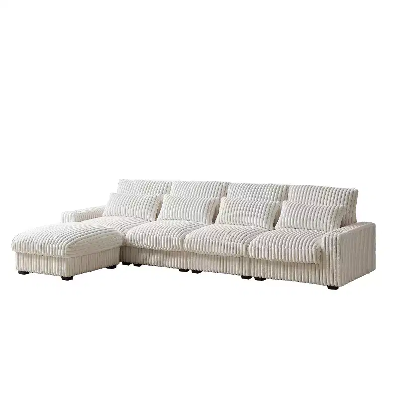 126-inch Corduroy with Cup Holder Super Large L-Shaped Sofa, Movable Footrest