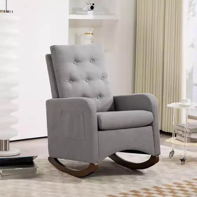 Nursery Rocking Chair, Comfy Upholstered Glider Rocker Armchair with Rubber Wood Legs High Back and Side Pocket for Living Room Bedroom
