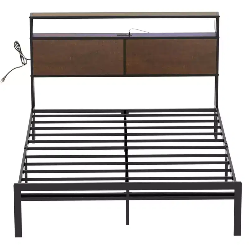 HAUSOURCE Queen Bed Frame with Storage Headboard Metal Platform Bed with Rubberized Stopper, Noise Free Design and Large Storage Space for Bedroom