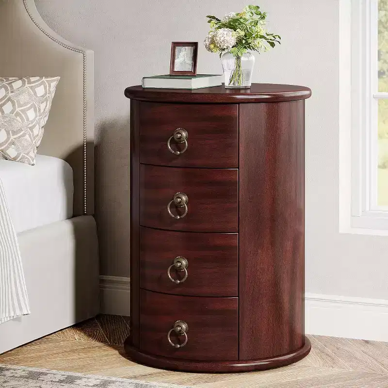Lantine Solid Wood Nightstand, Round Bedside Table with 4 Drawers, Rustic Tall Night Stand for Bedroom & Living Room, No Assembly Required
