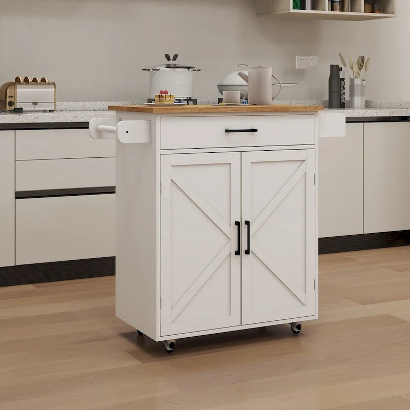 White Rubber Wood Kitchen Cart with Adjustable Shelves, Towel Rack