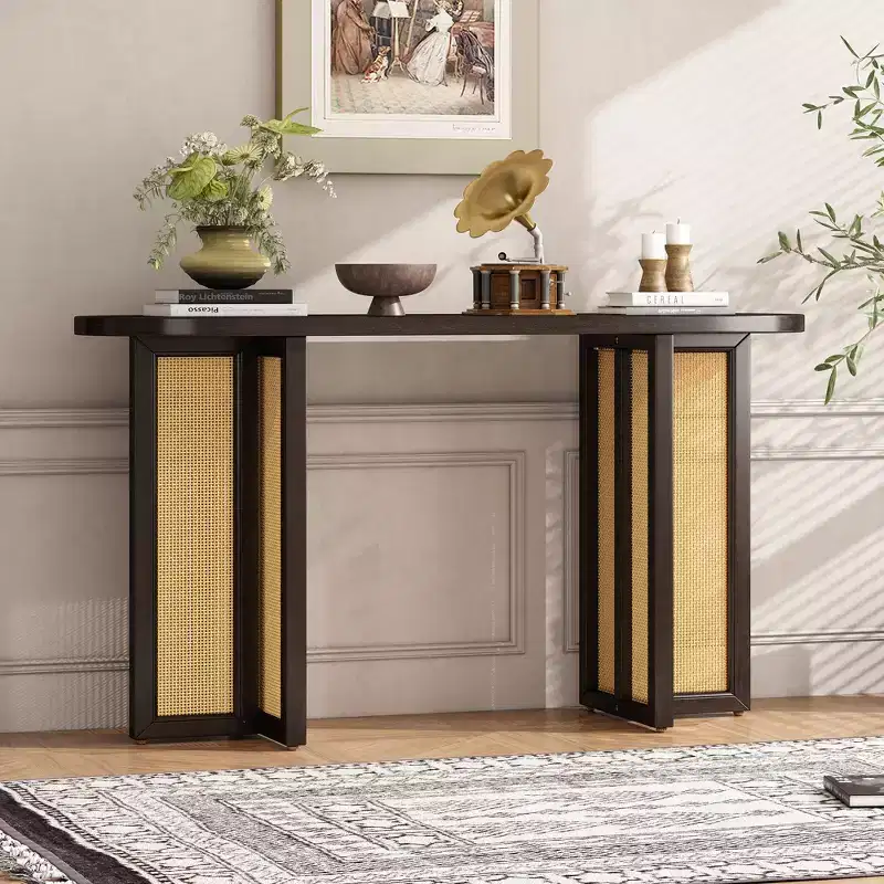 MAYEERTY Rattan Console Table Narrow with Storage for Living Room Hallway Espresso