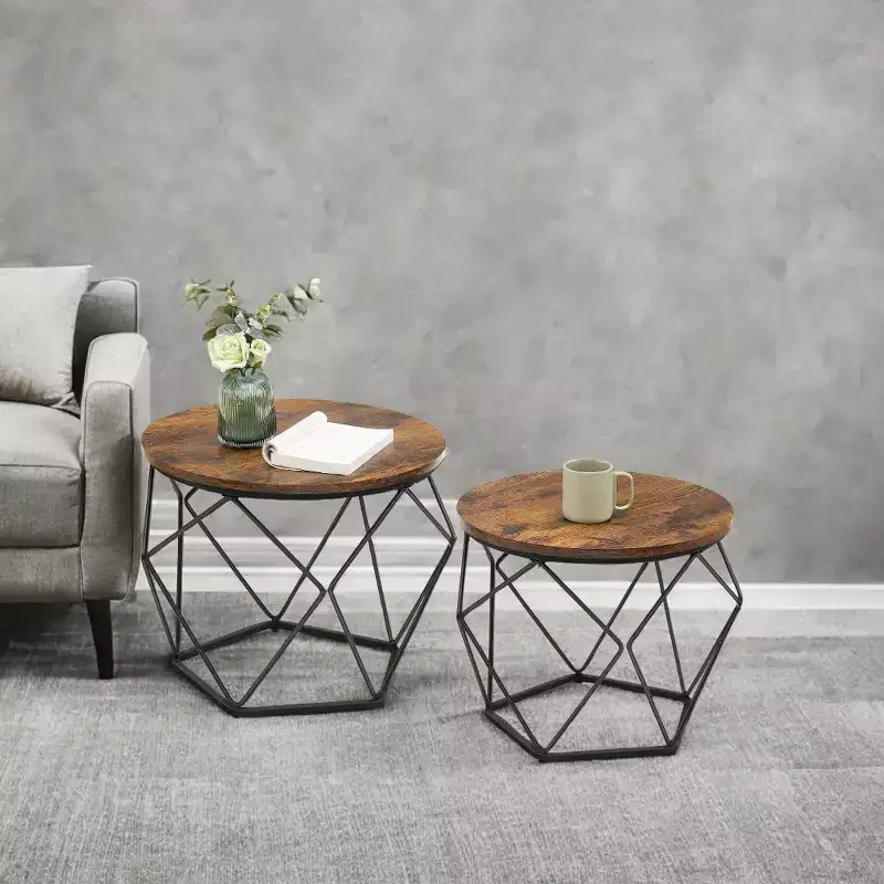 Set of 2 Small Round Coffee Tables with Steel Frame, Side End Tables for Living Room, Bedroom, Office Rustic Brown and Ink Black