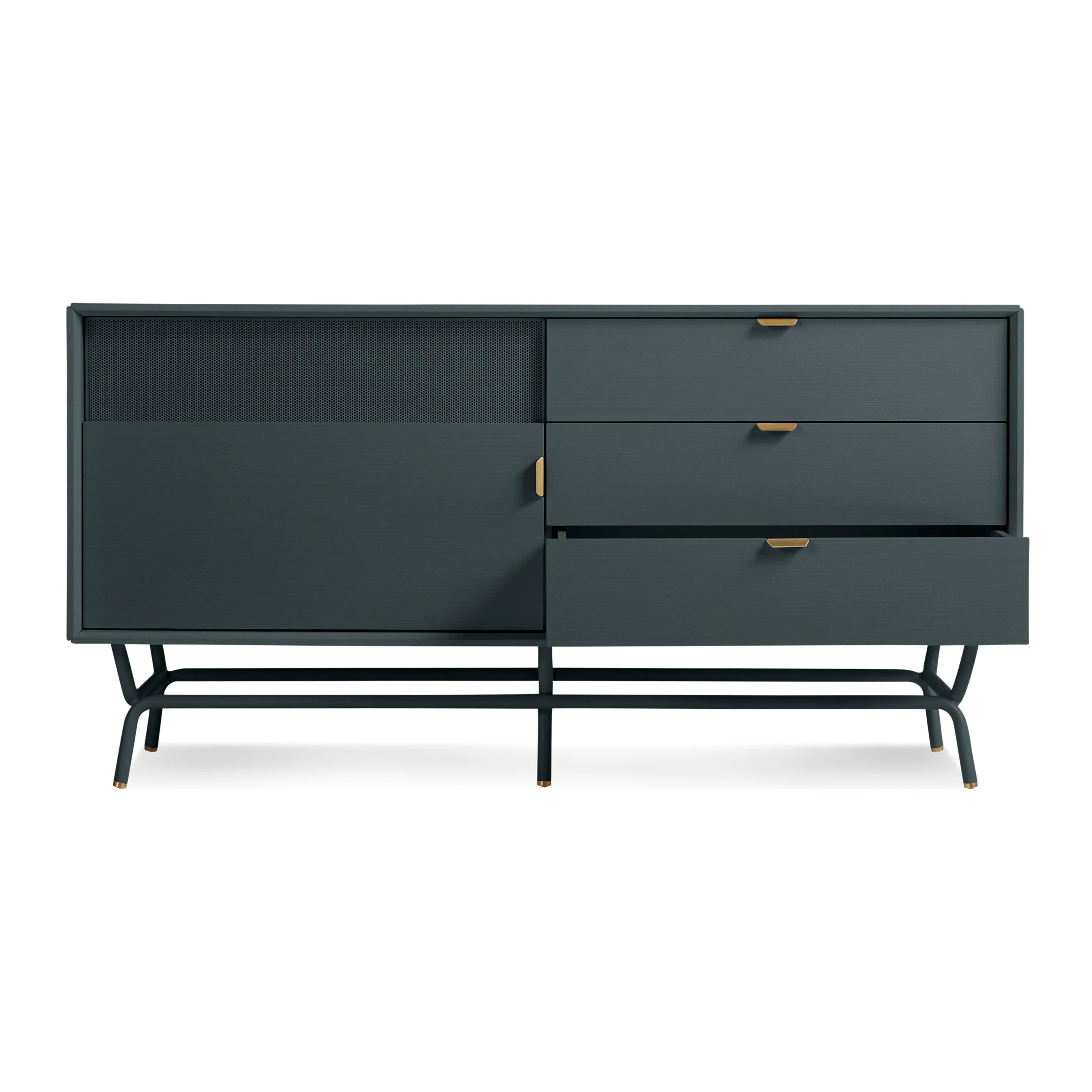 Modern Grey Steel Cabinet with Perforated Doors & Brass Pulls for Living Room
