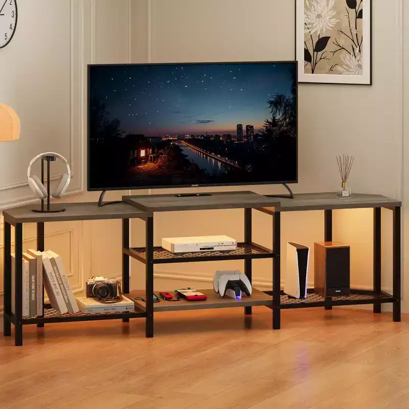 Acekool 67 Inch TV Stand with LED Lights, Power Outlets & 4 Open Shelves, Grey Media Console for 55/65/75 Inch TV, Corner Entertainment Center