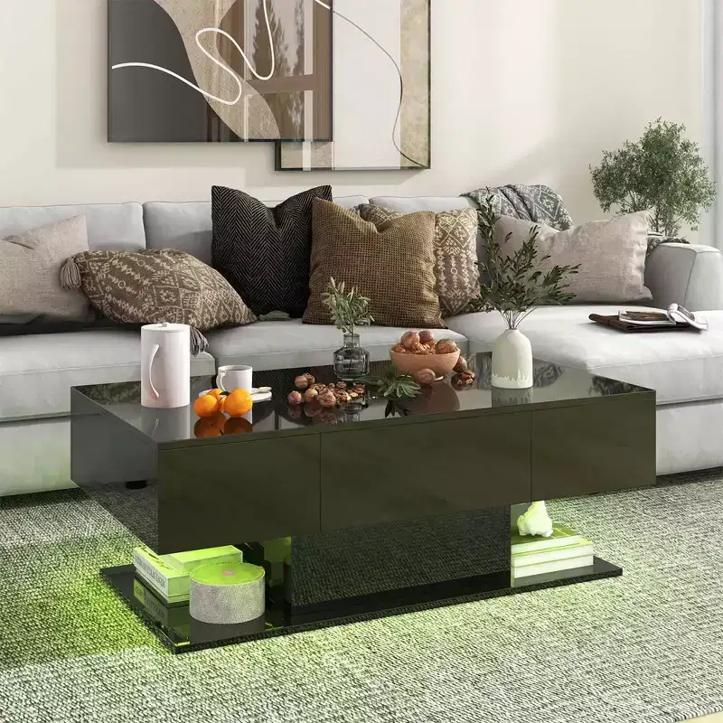 LED Coffee Table with 2 Drawers 20-Color Dimmable LED Lights & Remote Control White/Black