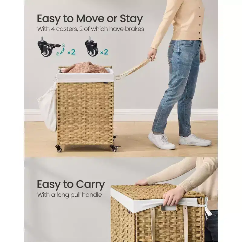 Rolling Laundry Hamper with Wheels, 2-Compartment Synthetic Rattan Basket with Removable Liner