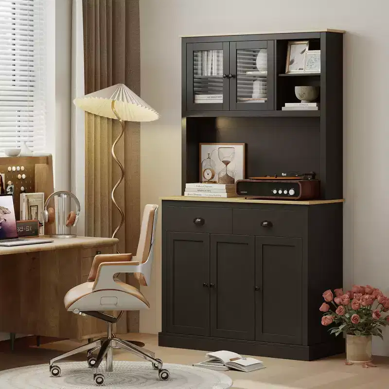 Freestanding Tall Pantry Cabinet with Wide Countertop & Adjustable Shelves, Modern Kitchen Hutch