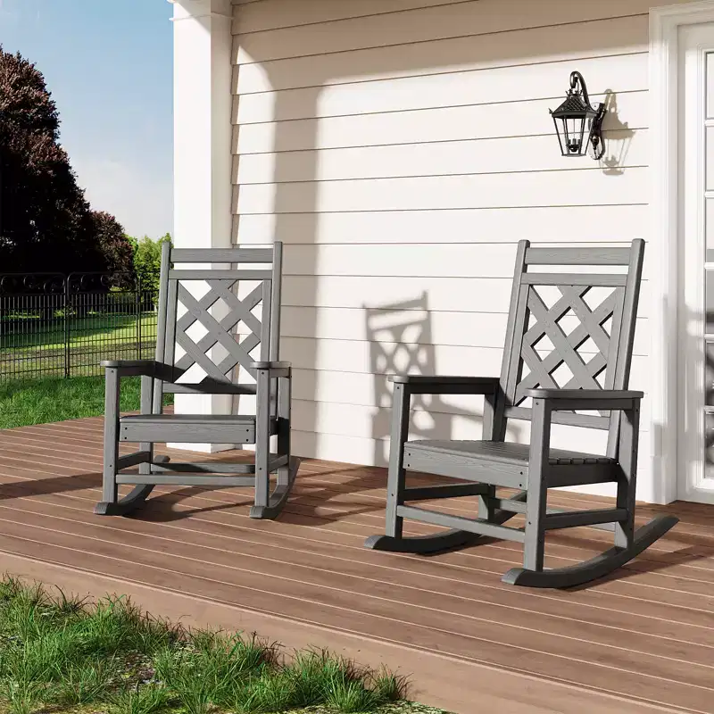 2pcs Outdoor Adirondack Rocking Chair, HDPE Weather Resistant Patio Porch Rocker - 380 LBS Capacity, Wood Texture, Wide Ergonomic Backrest