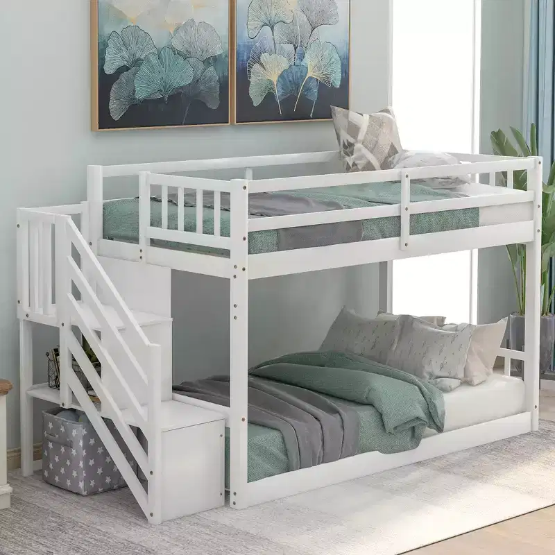 Wood Twin over Twin Floor Bunk Bed with Storage Ladder
