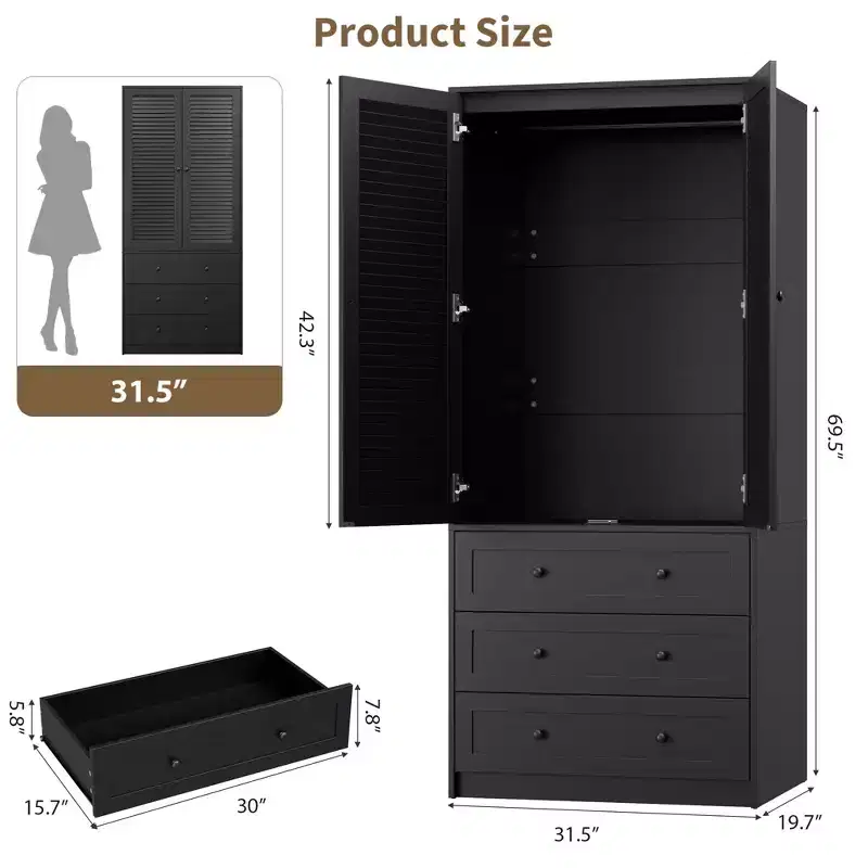 Wooden Armoire Wardrobe Closet with Drawers, 69.5 Storage Cabinet with Hanging Rod, 2-Door Louvered Design for Bedroom