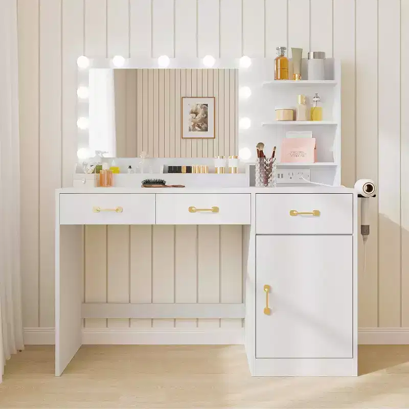 Vanity Desk with Mirror, LED Lights and Power Outlet Makeup Table with 3 Drawers and Storage Shelves Dressing Table for Bedroom Dressing Room