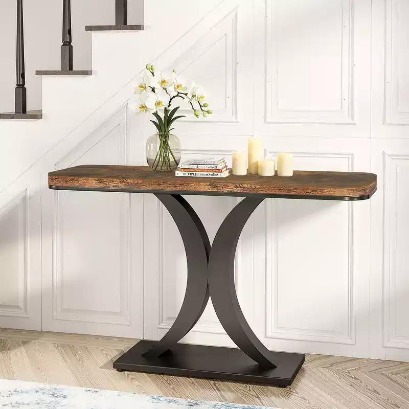 39.4L Industrial Narrow Console Table, Rustic Brown Wood Grain 40H Entryway Table